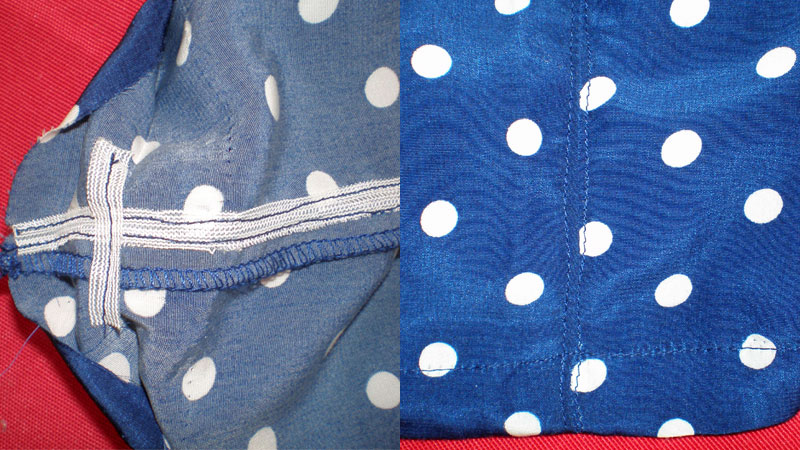 Left shows the fabric tape sewn into the seam. A second line goes over the join in the hem. Right shows the reinforced seam and hem from the outside. 